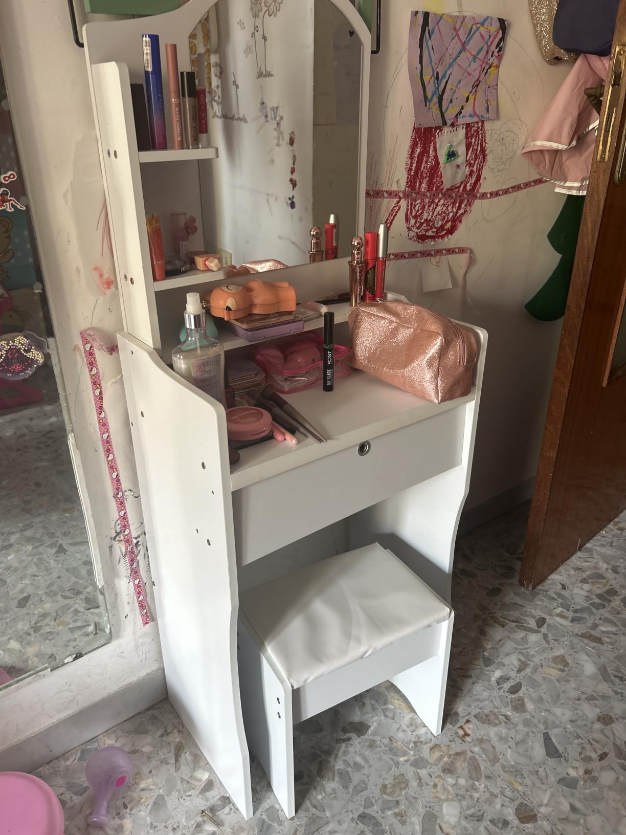 GrecoShop Toeletta Bambine Specchio a Cuore e Sgabello Bianca
