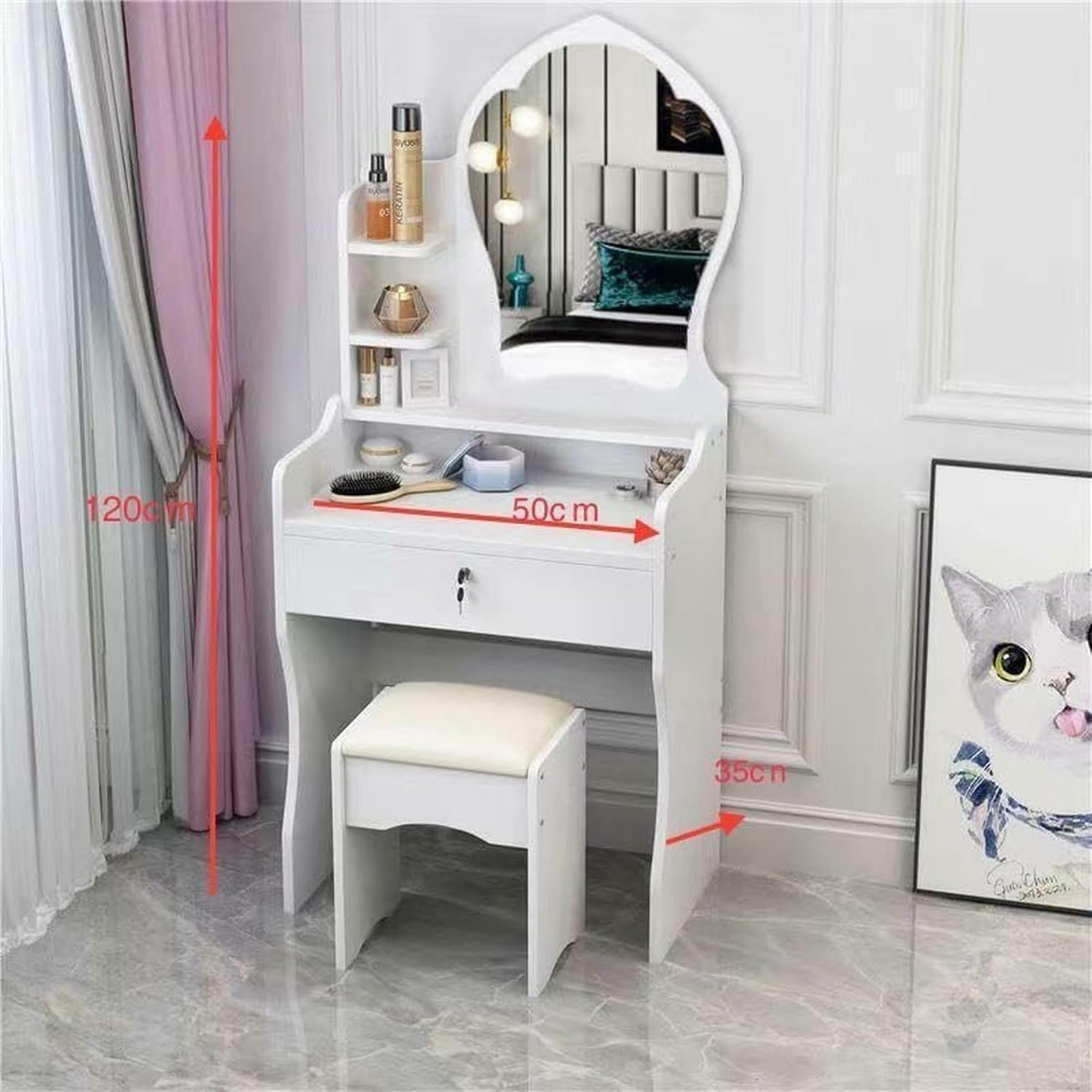 GrecoShop Toeletta Bambine con Specchio e Sgabello Bianca