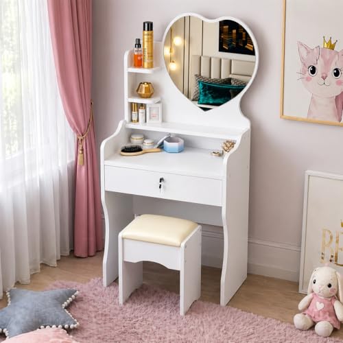 GrecoShop Toeletta Bambina con Specchio e Sgabello Bianca
