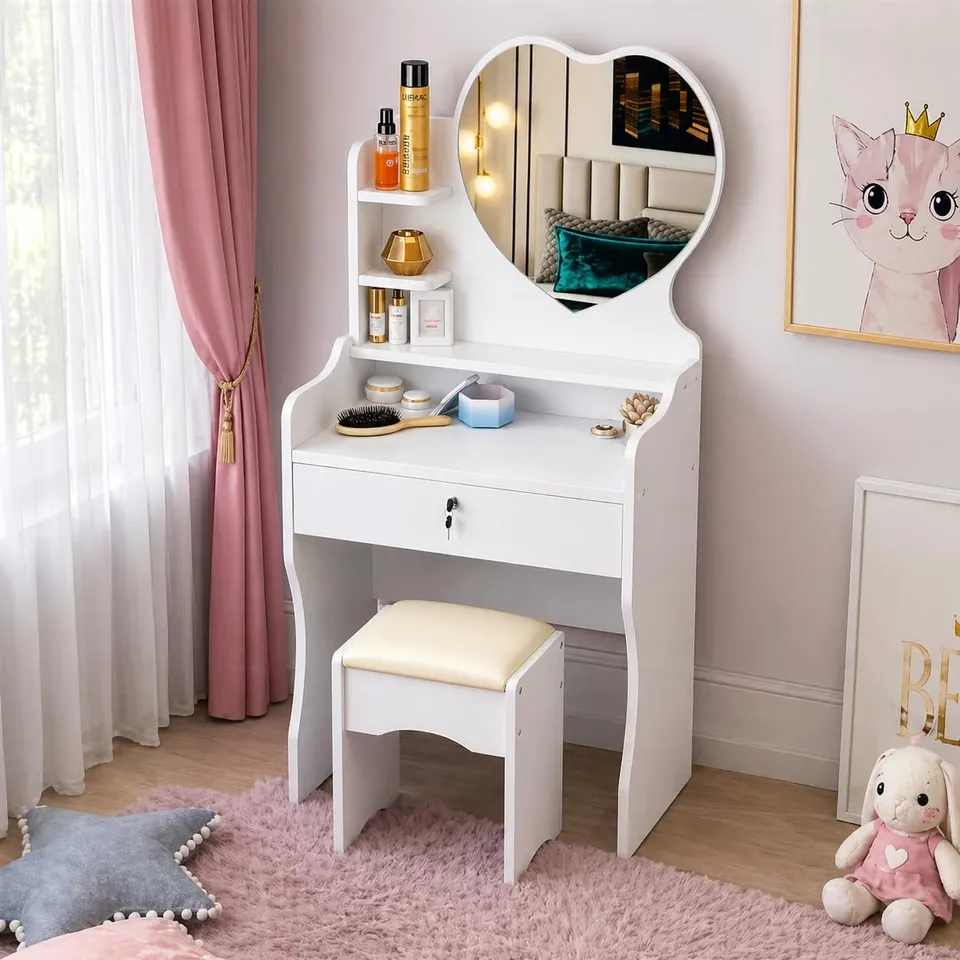 GrecoShop Toeletta Bambina con Specchio e Sgabello Bianca