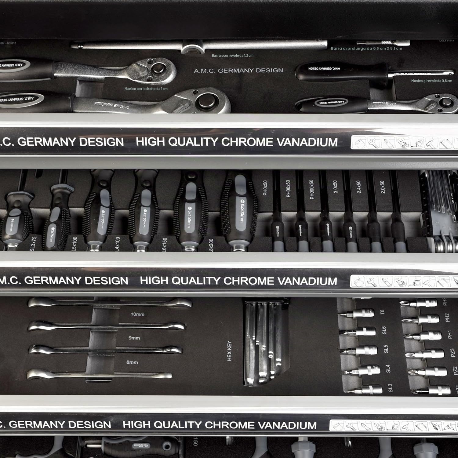 GrecoShop carrello attrezzi 428 utensili 6 cassetti con chiave