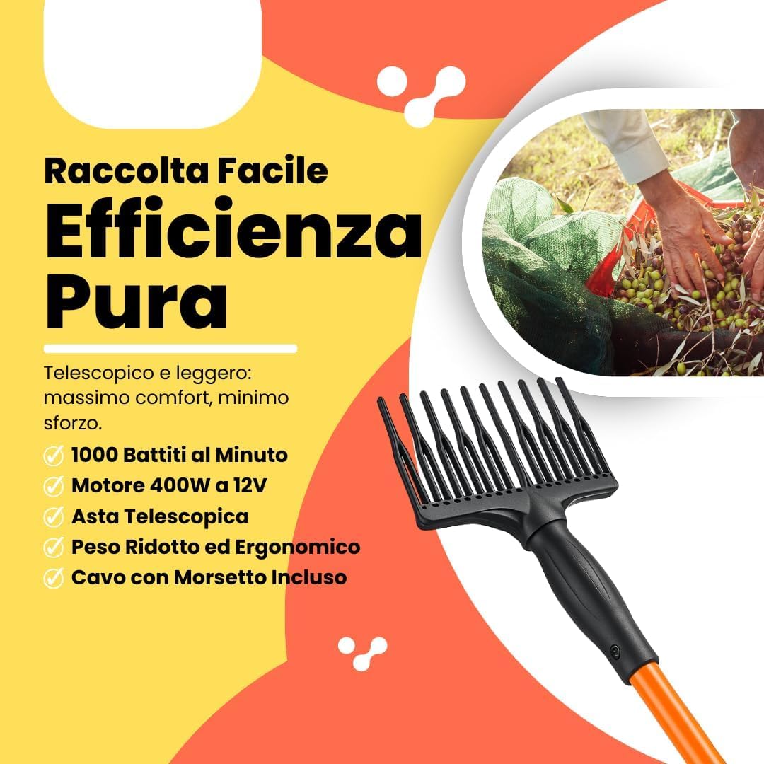 GrecoShop Scuotiolive elettrico 12V 400W telescopico 3m cavo 12m