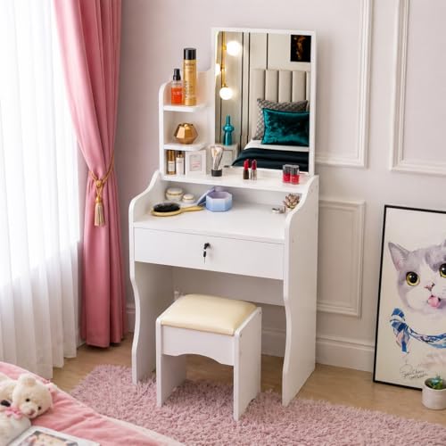 GrecoShop Toeletta Bambina con Specchio e Sgabello Bianca
