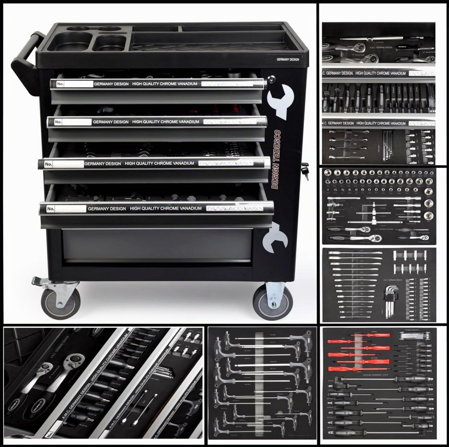 GrecoShop carrello attrezzi 428 utensili 6 cassetti con chiave