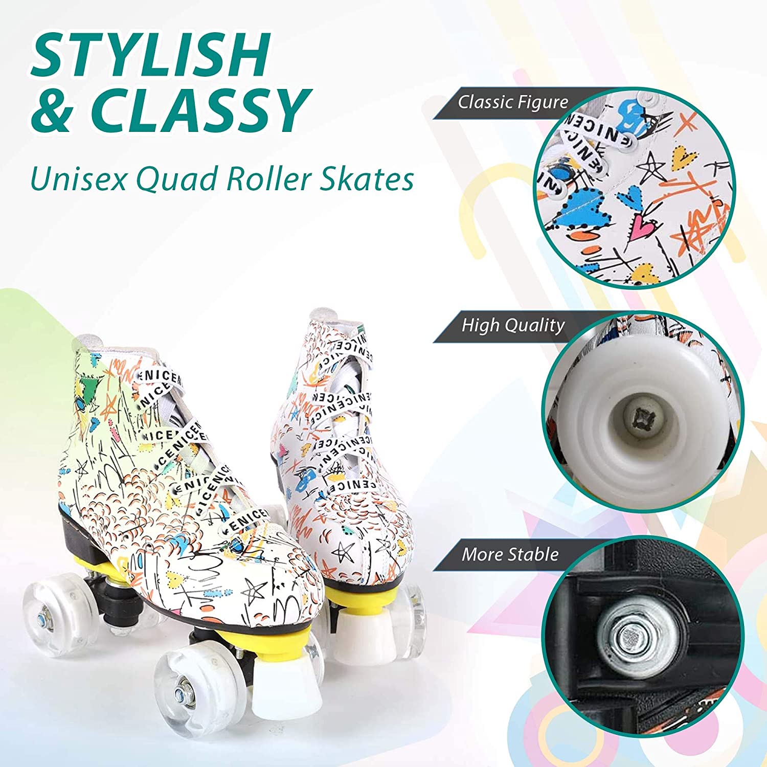 Yexati Graffiti pattini a rotelle quad bianchi donna US 5.5