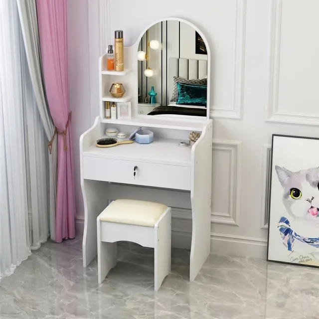 GrecoShop Toeletta Bambine con Specchio e Sgabello Bianca
