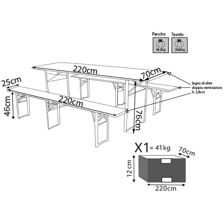 GrecoShop Set Birreria 220x70x76 Tavolo con Panche Legno 10 Posti