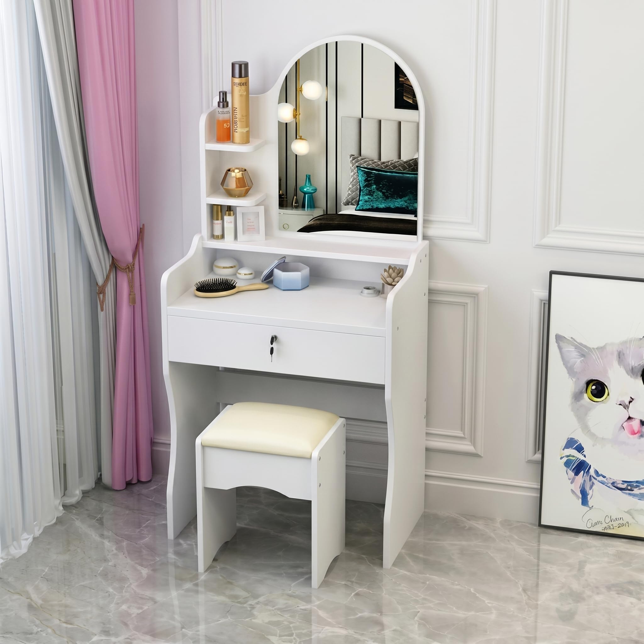 GrecoShop Toeletta Bambine con Specchio e Sgabello Bianca